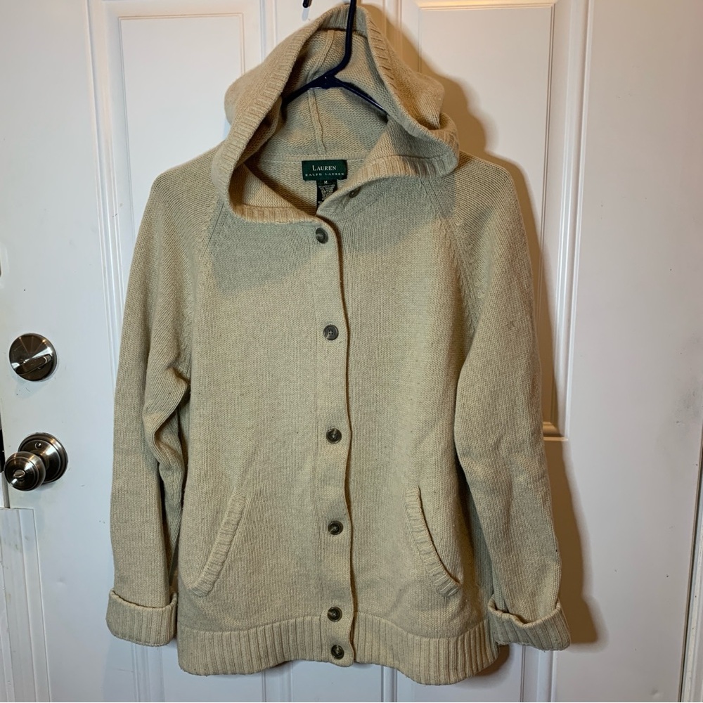 Ralph Lauren Cozy Cream Hooded Cardigan Sweater Merino Wool Cashmere Angora Hair
